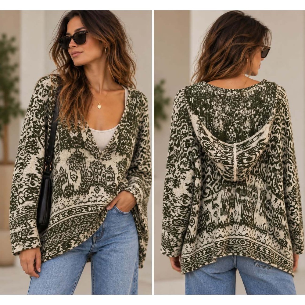Free People Sweater Womens L Green Hooded V-Neck Intarsia Knit Boho Pullover